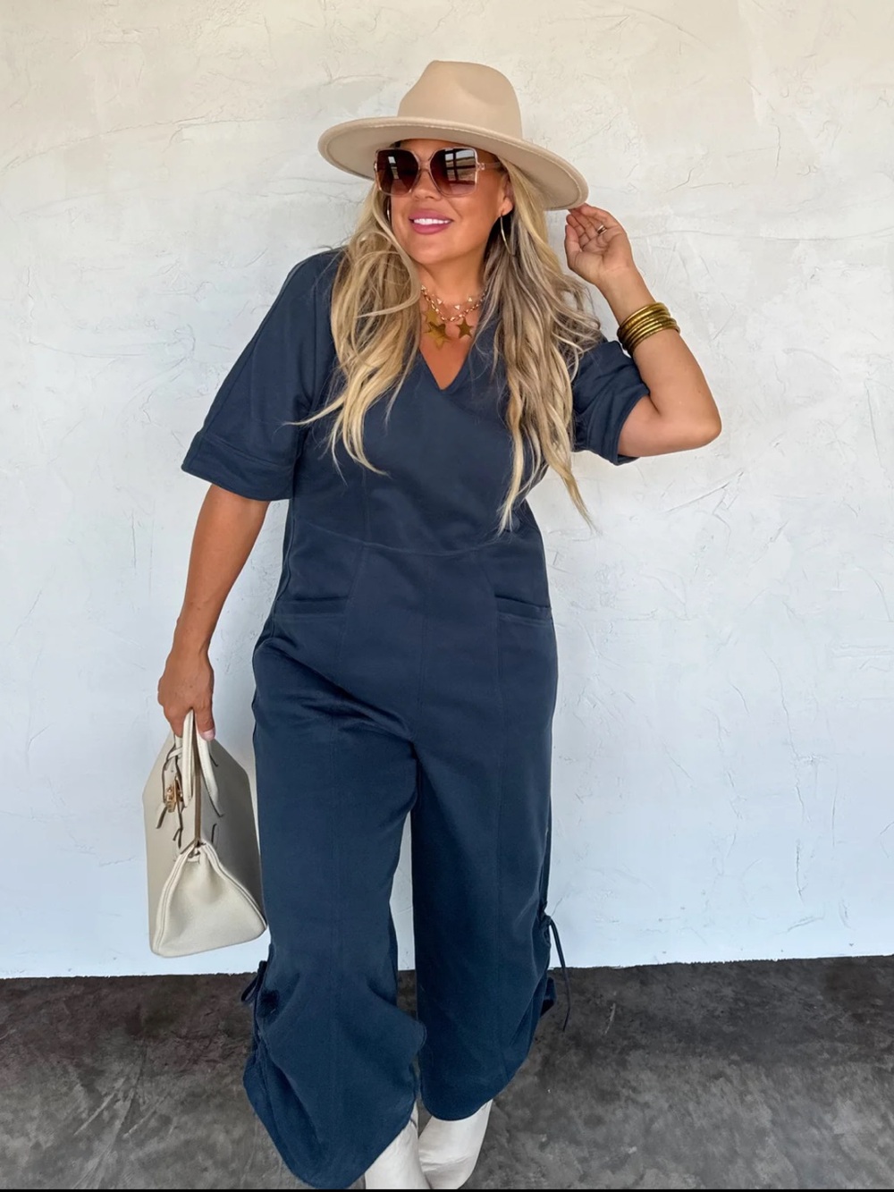 Navy V-Neck Jumpsuit with Pockets